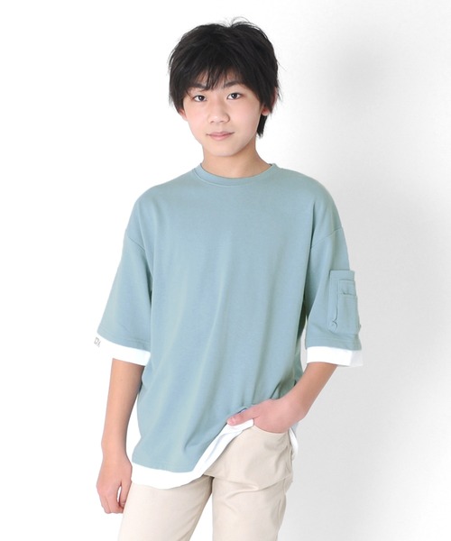 GLAZOS(グラソス)の「厚手天竺・ドロップショルダー袖ポケットフェイクレイヤード5分袖Tシャツ(Tシャツ/カットソー・キッズ・ブラック/カーキ/サックスブルー・130cm/140cm/150cm/160cm/170cm)」の3枚目の写真