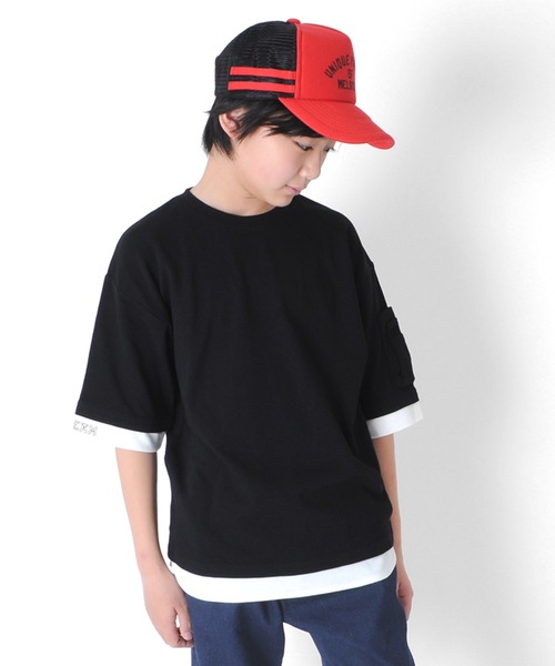 GLAZOS(グラソス)の「厚手天竺・ドロップショルダー袖ポケットフェイクレイヤード5分袖Tシャツ(Tシャツ/カットソー・キッズ・ブラック/カーキ/サックスブルー・130cm/140cm/150cm/160cm/170cm)」の2枚目の写真