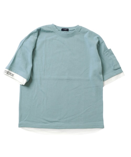 GLAZOS(グラソス)の「厚手天竺・ドロップショルダー袖ポケットフェイクレイヤード5分袖Tシャツ(Tシャツ/カットソー・キッズ・ブラック/カーキ/サックスブルー・130cm/140cm/150cm/160cm/170cm)」の4枚目の写真