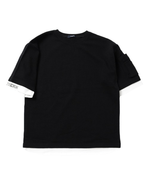 GLAZOS(グラソス)の「厚手天竺・ドロップショルダー袖ポケットフェイクレイヤード5分袖Tシャツ(Tシャツ/カットソー・キッズ・ブラック/カーキ/サックスブルー・130cm/140cm/150cm/160cm/170cm)」の5枚目の写真