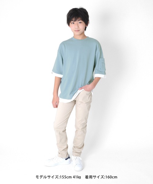 GLAZOS(グラソス)の「厚手天竺・ドロップショルダー袖ポケットフェイクレイヤード5分袖Tシャツ(Tシャツ/カットソー・キッズ・ブラック/カーキ/サックスブルー・130cm/140cm/150cm/160cm/170cm)」の6枚目の写真