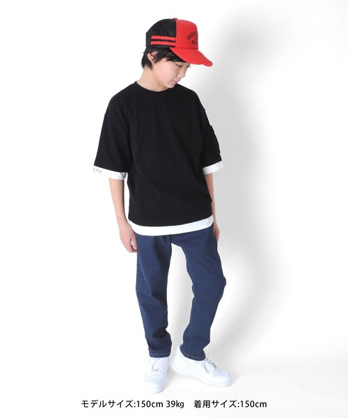 GLAZOS(グラソス)の「厚手天竺・ドロップショルダー袖ポケットフェイクレイヤード5分袖Tシャツ(Tシャツ/カットソー・キッズ・ブラック/カーキ/サックスブルー・130cm/140cm/150cm/160cm/170cm)」の7枚目の写真