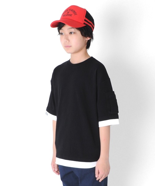 GLAZOS(グラソス)の「厚手天竺・ドロップショルダー袖ポケットフェイクレイヤード5分袖Tシャツ(Tシャツ/カットソー・キッズ・ブラック/カーキ/サックスブルー・130cm/140cm/150cm/160cm/170cm)」の8枚目の写真