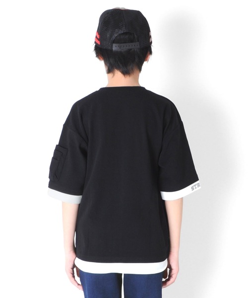 GLAZOS(グラソス)の「厚手天竺・ドロップショルダー袖ポケットフェイクレイヤード5分袖Tシャツ(Tシャツ/カットソー・キッズ・ブラック/カーキ/サックスブルー・130cm/140cm/150cm/160cm/170cm)」の9枚目の写真