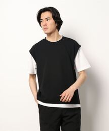 TAKA-Q | ＊タカキューメンズ/TAKA-Q:MEN 梨地ポンチ フェイクレイヤード クルーネック半袖Tシャツ(Tシャツ/カットソー)