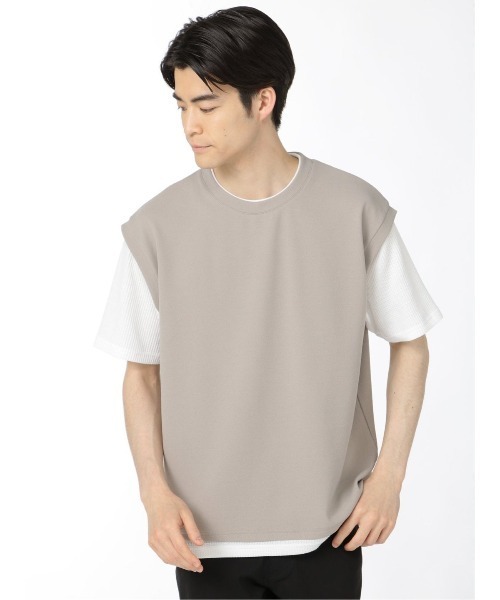 TAKA-Q（タカキュー）の「【ストレッチ】タカキュー 梨地ポンチ フェイクレイヤード クルー半袖Tシャツ（Tシャツ/カットソー・メンズ・ベージュ/ブラック/キャメル・MEDIUM/LARGE/X-LARGE）」の3枚目の写真