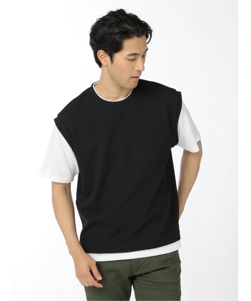 TAKA-Q（タカキュー）の「【ストレッチ】タカキュー 梨地ポンチ フェイクレイヤード クルー半袖Tシャツ（Tシャツ/カットソー・メンズ・ベージュ/ブラック/キャメル・MEDIUM/LARGE/X-LARGE）」の2枚目の写真