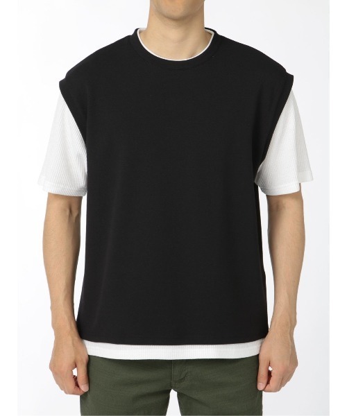 TAKA-Q（タカキュー）の「【ストレッチ】タカキュー 梨地ポンチ フェイクレイヤード クルー半袖Tシャツ（Tシャツ/カットソー・メンズ・ベージュ/ブラック/キャメル・MEDIUM/LARGE/X-LARGE）」の16枚目の写真