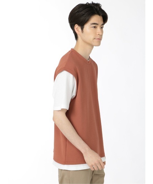 TAKA-Q（タカキュー）の「【ストレッチ】タカキュー 梨地ポンチ フェイクレイヤード クルー半袖Tシャツ（Tシャツ/カットソー・メンズ・ベージュ/ブラック/キャメル・MEDIUM/LARGE/X-LARGE）」の8枚目の写真