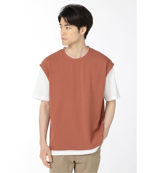 TAKA-Q（タカキュー）の「【ストレッチ】タカキュー 梨地ポンチ フェイクレイヤード クルー半袖Tシャツ（Tシャツ/カットソー・メンズ・ベージュ/ブラック/キャメル・MEDIUM/LARGE/X-LARGE）」の7枚目の写真