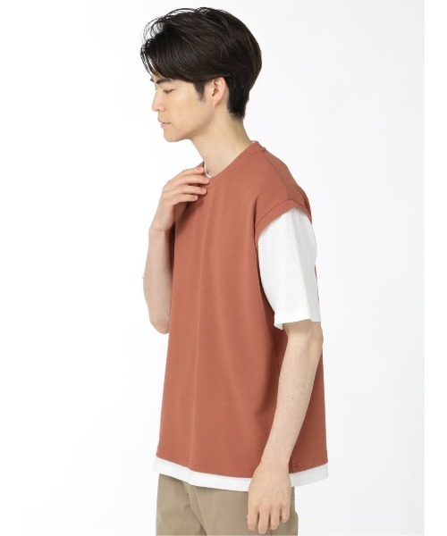 TAKA-Q（タカキュー）の「【ストレッチ】タカキュー 梨地ポンチ フェイクレイヤード クルー半袖Tシャツ（Tシャツ/カットソー・メンズ・ベージュ/ブラック/キャメル・MEDIUM/LARGE/X-LARGE）」の6枚目の写真