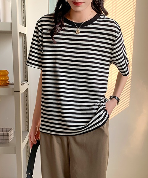 Bifrost(ビフレスト)の「半袖ボーダートップス(Tシャツ/カットソー・レディース・ブラック/グリーン/ブラウン・M/L)」の4枚目の写真