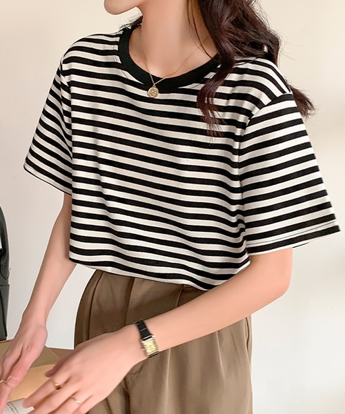 Bifrost(ビフレスト)の「半袖ボーダートップス(Tシャツ/カットソー・レディース・ブラック/グリーン/ブラウン・M/L)」の5枚目の写真