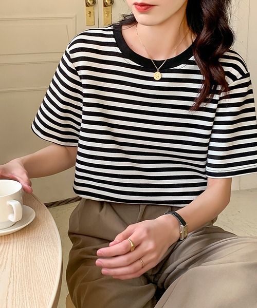 Bifrost(ビフレスト)の「半袖ボーダートップス(Tシャツ/カットソー・レディース・ブラック/グリーン/ブラウン・M/L)」の7枚目の写真