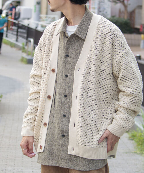 GLOSTER（グロスター）の「【GLOSTER/グロスター】クロシェライクカーディガン 透かし編みニット（カーディガン/ボレロ・メンズ・サックスブルー/オレンジ/グリーン/アイボリー/ブラック・MEDIUM/LARGE）」の2枚目の写真