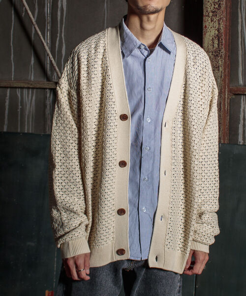 GLOSTER（グロスター）の「【GLOSTER/グロスター】クロシェライクカーディガン 透かし編みニット（カーディガン/ボレロ・メンズ・サックスブルー/オレンジ/グリーン/アイボリー/ブラック・MEDIUM/LARGE）」の6枚目の写真