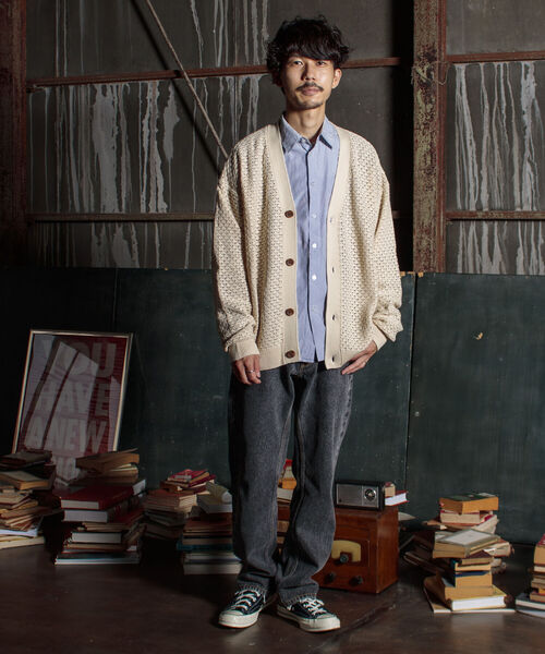 GLOSTER（グロスター）の「【GLOSTER/グロスター】クロシェライクカーディガン 透かし編みニット（カーディガン/ボレロ・メンズ・サックスブルー/オレンジ/グリーン/アイボリー/ブラック・MEDIUM/LARGE）」の9枚目の写真