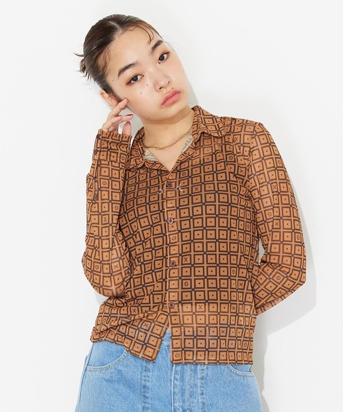 X-girl(エックスガール)の「RETRO PATTERN MESH SHIRTS/レトロ メッシュシャツ(シャツ/ブラウス・レディース・ブラック/ブラウン/グリーン・S/M)」の13枚目の写真
