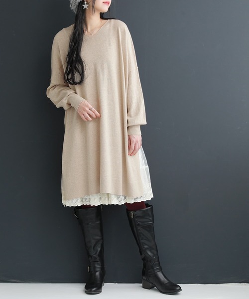 osharewalker（オシャレウォーカー）の「【廃盤】『ドルマンチュニックVネックニット』（ニット/セーター・レディース・ブラック/ベージュ/ブルーグリーン/パープル・FREE）」の6枚目の写真