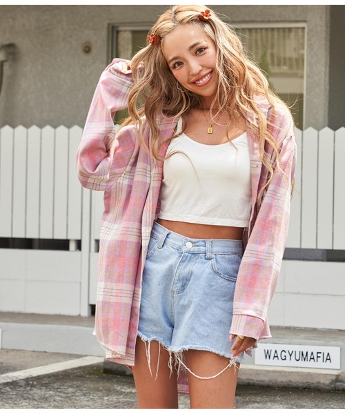 anap mimpi(アナップミンピ)の「パステルカラーオーバーサイズチェックシャツ(シャツ/ブラウス・レディース・ピンク/イエロー/ブルー・FREE)」の3枚目の写真