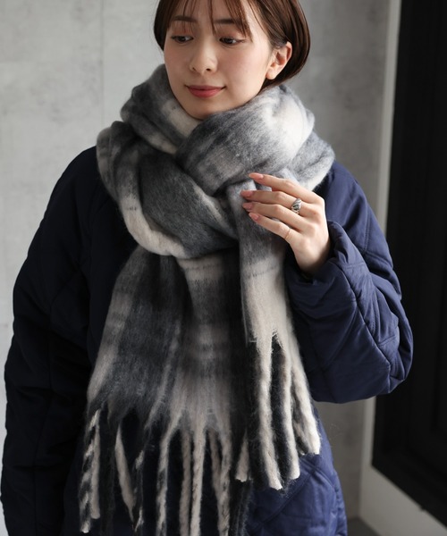 セール】<ふわふわ>チェックボリュームマフラー/ストール/ショール