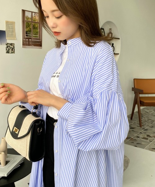 moment+（モーメントプラス）の「バンドカラー袖ボリューム　ストライプシャツワンピース（シャツワンピース・レディース・サックスブルー/ブラック/ネイビー・M）」の12枚目の写真