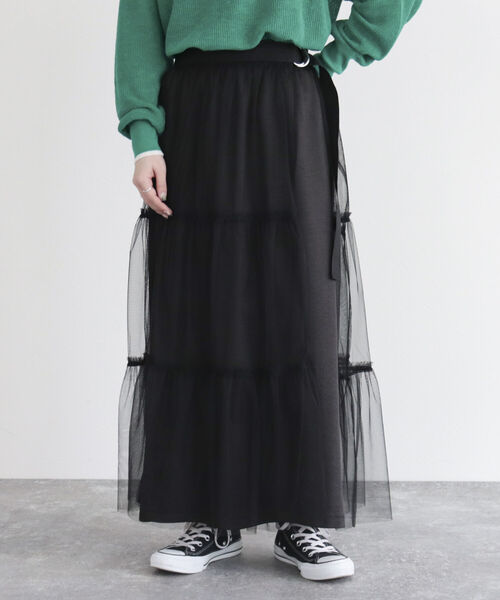 fredy emue（フレディエミュ）の「チュールレイヤードスカート（スカート・レディース・ベージュ系その他/ブラック/グレイッシュベージュ・38/36）」の2枚目の写真