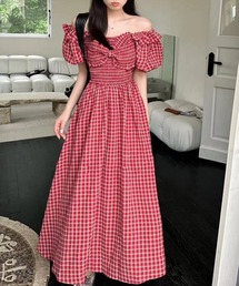 【 オフショルにできる2way 】リボンデザインパフスリーブチェックワンピース