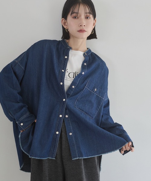コーデ売り♡オーバーサイズ厚手ニット&デニムシャツ WEB限定/別注】 バンドカラー オーバーサイズ デニムシャツ（シャツ