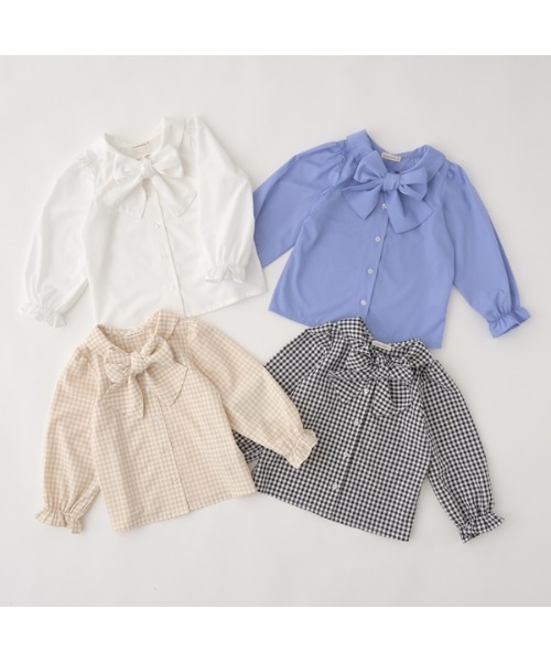 Lycee mine(リセマイン)の「ビッグリボンタイキャンディスリーブブラウス(シャツ/ブラウス・キッズ・サックスブルー/ベージュ/オフホワイト/ブラック・150cm/120cm/100cm/130cm/140cm/110cm)」の5枚目の写真