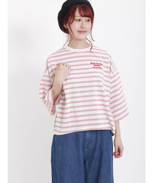 Samansa Mos2（サマンサ モスモス）の「ボーダー胸刺繍カットソー（Tシャツ/カットソー・レディース・ピンク/キャメル/グリーン/オフホワイト・F）」の5枚目の写真