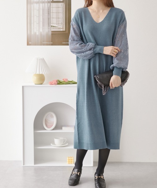 nissen（ニッセン）の「ふんわりレース袖ニットワンピース（ワンピース・レディース・ブラック/ブルー/ピンク/モカ/ネイビー/杢グレー・LL/S/L/M）」の5枚目の写真