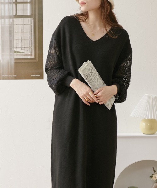 nissen（ニッセン）の「ふんわりレース袖ニットワンピース（ワンピース・レディース・ブラック/ブルー/ピンク/モカ/ネイビー/杢グレー・LL/S/L/M）」の12枚目の写真