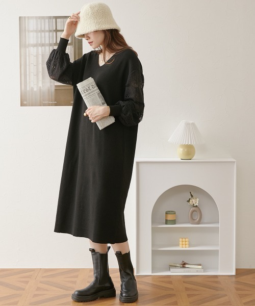 nissen（ニッセン）の「ふんわりレース袖ニットワンピース（ワンピース・レディース・ブラック/ブルー/ピンク/モカ/ネイビー/杢グレー・LL/S/L/M）」の13枚目の写真