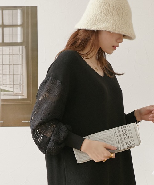 nissen（ニッセン）の「ふんわりレース袖ニットワンピース（ワンピース・レディース・ブラック/ブルー/ピンク/モカ/ネイビー/杢グレー・LL/S/L/M）」の14枚目の写真