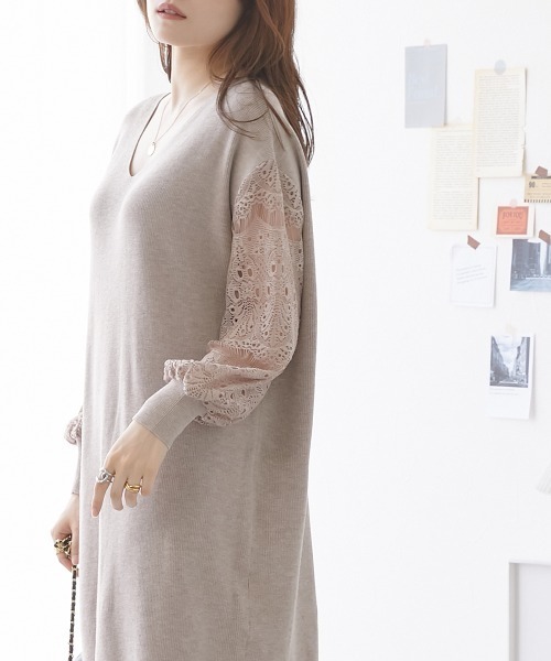 nissen（ニッセン）の「ふんわりレース袖ニットワンピース（ワンピース・レディース・ブラック/ブルー/ピンク/モカ/ネイビー/杢グレー・LL/S/L/M）」の16枚目の写真