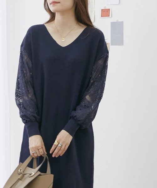 nissen（ニッセン）の「ふんわりレース袖ニットワンピース（ワンピース・レディース・ブラック/ブルー/ピンク/モカ/ネイビー/杢グレー・LL/S/L/M）」の7枚目の写真