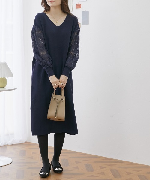 nissen（ニッセン）の「ふんわりレース袖ニットワンピース（ワンピース・レディース・ブラック/ブルー/ピンク/モカ/ネイビー/杢グレー・LL/S/L/M）」の10枚目の写真