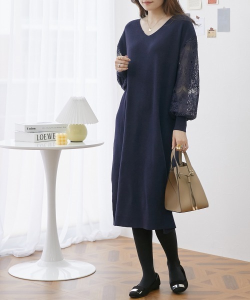 nissen（ニッセン）の「ふんわりレース袖ニットワンピース（ワンピース・レディース・ブラック/ブルー/ピンク/モカ/ネイビー/杢グレー・LL/S/L/M）」の8枚目の写真