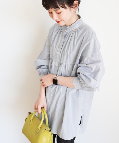 AMERICAN HOLIC(アメリカンホリック)の「サラックール/UVカットフリルシャツチュニック(チュニック・レディース・ブラック/オフホワイト/ストライプ・M/L)」の3枚目の写真