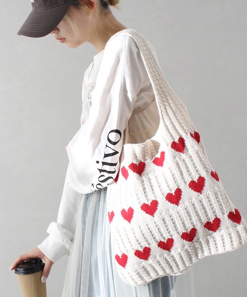 SpRay（スプレイ）の「ハートジャガードトートバッグ（トートバッグ・レディース・アイボリー/ベージュ/グリーン/ホワイト系その他/ブルー/ブラック・FREE）」の2枚目の写真