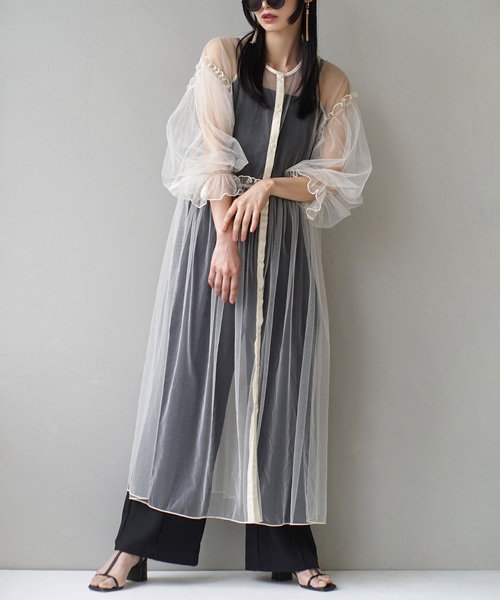 zootie（ズーティー）の「【トレンド感たっぷりな透け感チュールアイテム】 チュールメロウ レイヤードワンピース（ワンピース・レディース・ベージュ/チャコール/アイボリー/ブルー・フリー）」の3枚目の写真