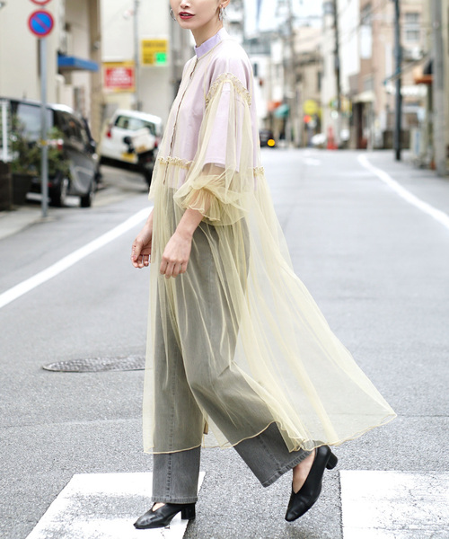 zootie（ズーティー）の「【トレンド感たっぷりな透け感チュールアイテム】 チュールメロウ レイヤードワンピース（ワンピース・レディース・ベージュ/チャコール/アイボリー/ブルー・フリー）」の2枚目の写真