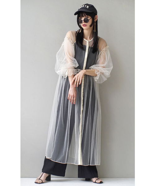 zootie（ズーティー）の「【トレンド感たっぷりな透け感チュールアイテム】 チュールメロウ レイヤードワンピース（ワンピース・レディース・ベージュ/チャコール/アイボリー/ブルー・フリー）」の6枚目の写真