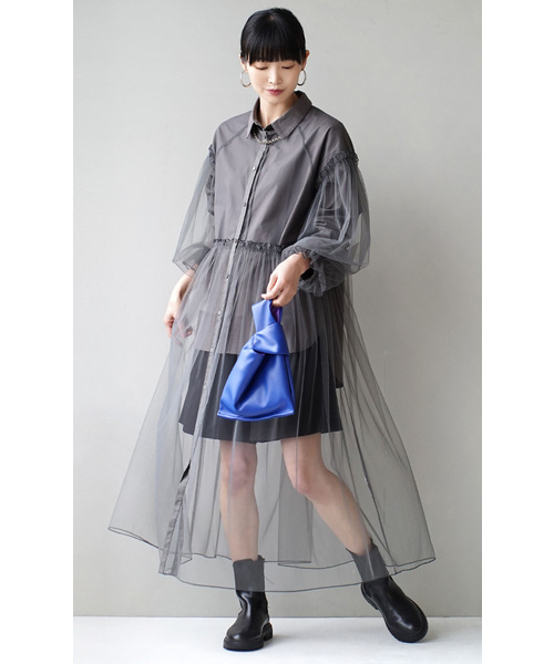 zootie（ズーティー）の「【トレンド感たっぷりな透け感チュールアイテム】 チュールメロウ レイヤードワンピース（ワンピース・レディース・ベージュ/チャコール/アイボリー/ブルー・フリー）」の14枚目の写真