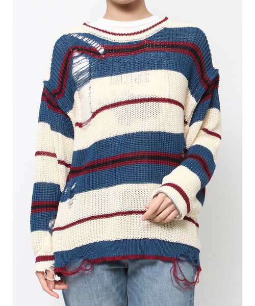 jouetie（ジュエティ）の「マルチスリーブクラッシュボーダーニット（ニット/セーター・レディース・パープル/ネイビー/アイボリー・MEDIUM）」の4枚目の写真