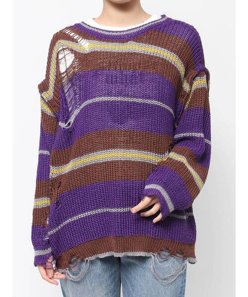 jouetie（ジュエティ）の「マルチスリーブクラッシュボーダーニット（ニット/セーター・レディース・パープル/ネイビー/アイボリー・MEDIUM）」の5枚目の写真