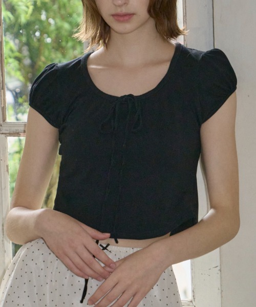 GIUNON（ジウノン）の「puff sleeve ribbon T / パフスリーブリボンTシャツ（Tシャツ/カットソー・レディース・ブラック/レッド/グレー・FREE）」の2枚目の写真