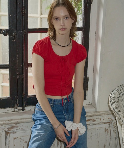 GIUNON（ジウノン）の「puff sleeve ribbon T / パフスリーブリボンTシャツ（Tシャツ/カットソー・レディース・ブラック/レッド/グレー・FREE）」の8枚目の写真