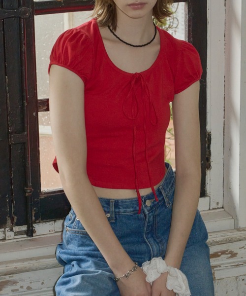 GIUNON（ジウノン）の「puff sleeve ribbon T / パフスリーブリボンTシャツ（Tシャツ/カットソー・レディース・ブラック/レッド/グレー・FREE）」の9枚目の写真